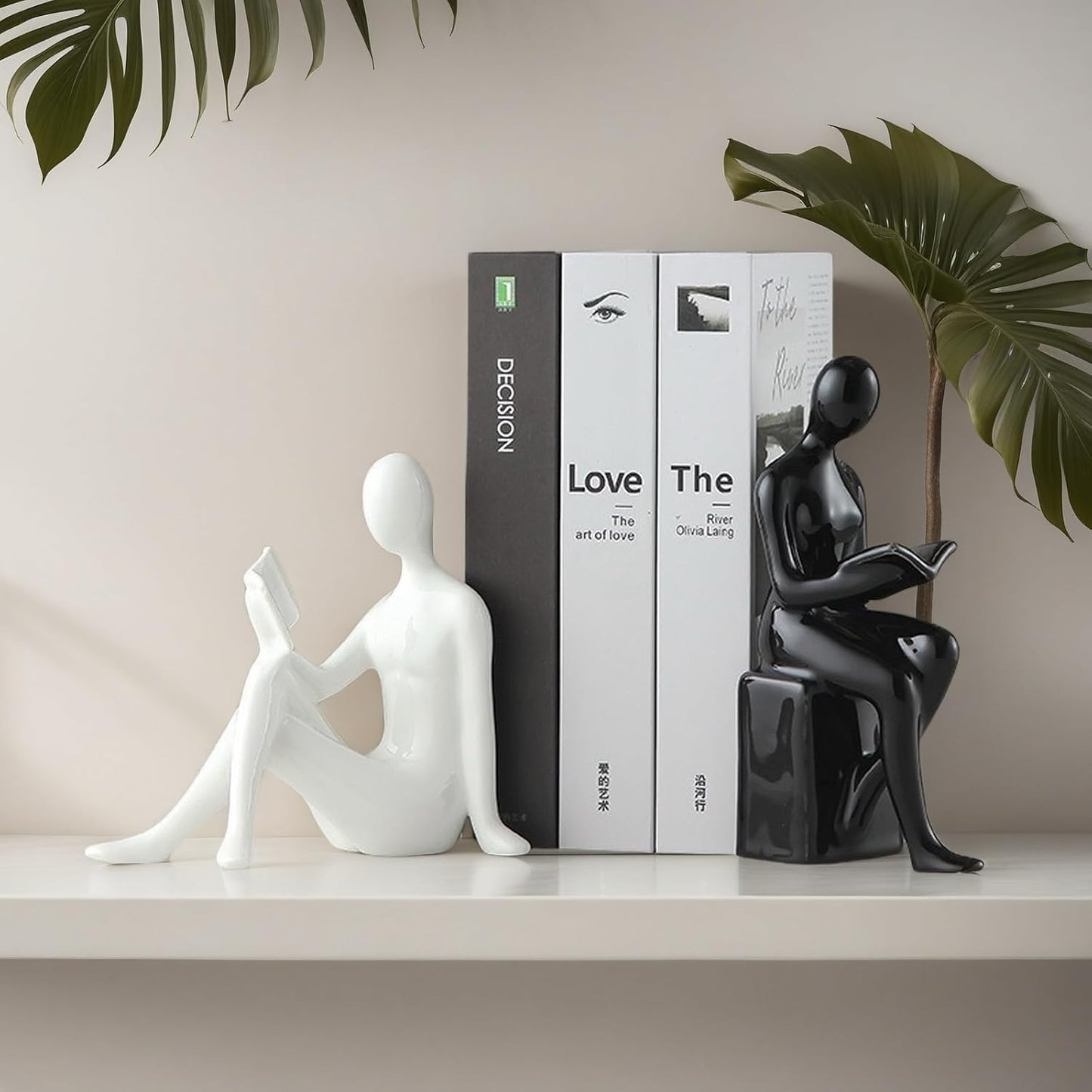 Home Decorative Reading Couple Statue Bookends Elegant Ceramic Bookshelf Room / Black and White