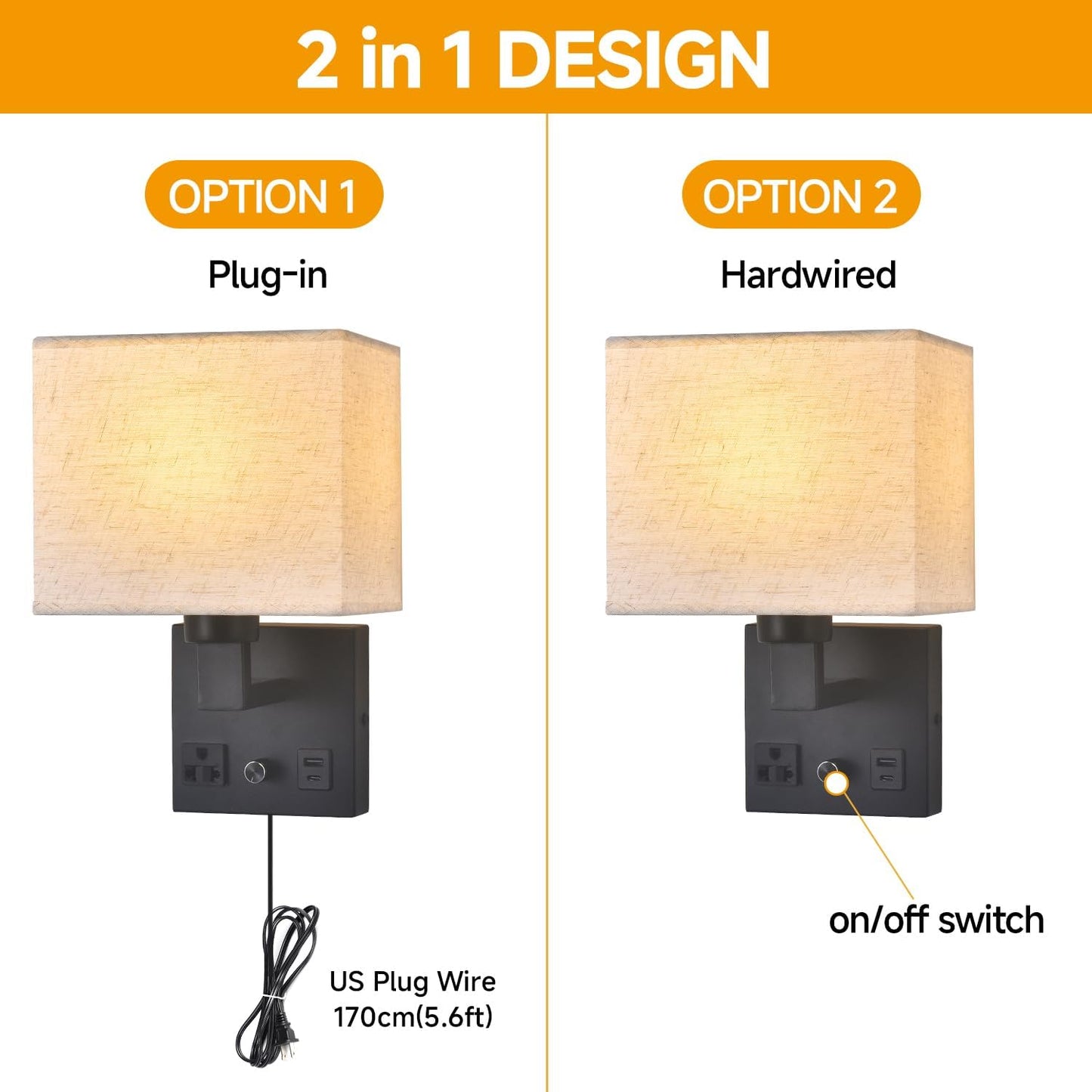 Bedside Wall Lamp for Bedroom, Plug in Wall Sconce - Dimmable Switch with AC Outlet & USB Charging Port, Fabric Shade