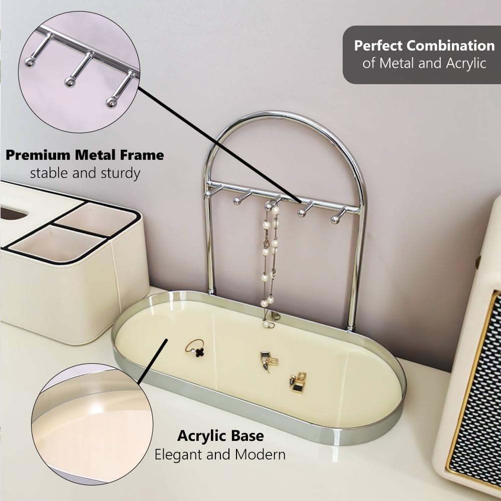 Metal Jewelry Organizer Stand & Key Holder Tray / Silver Creamy