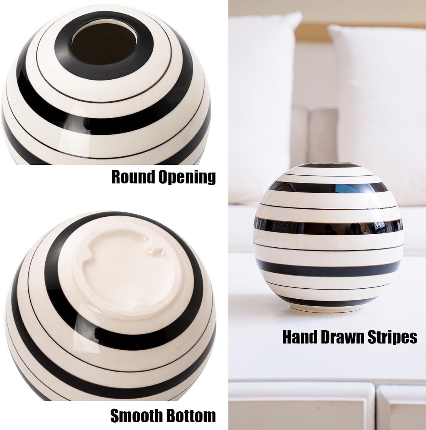 Spherical and White Striped Ceramic Vase / Black