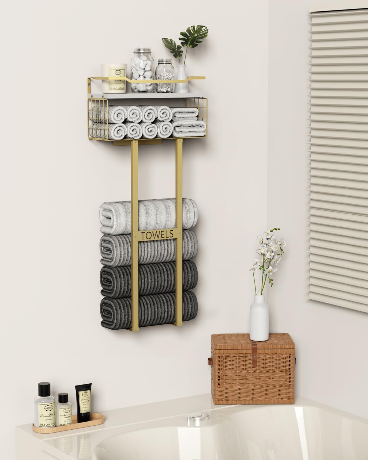Aetyord Towel Racks for Bathroom - Wall Mounted Metal Rack with Wood Plank, Bathroom Storage Organizer, Towel Holder