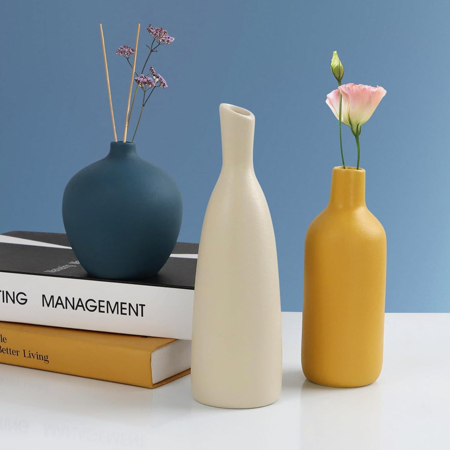 Ceramic Vase / Small Burnt Orange Blue Flower Vases / White / Set of 3