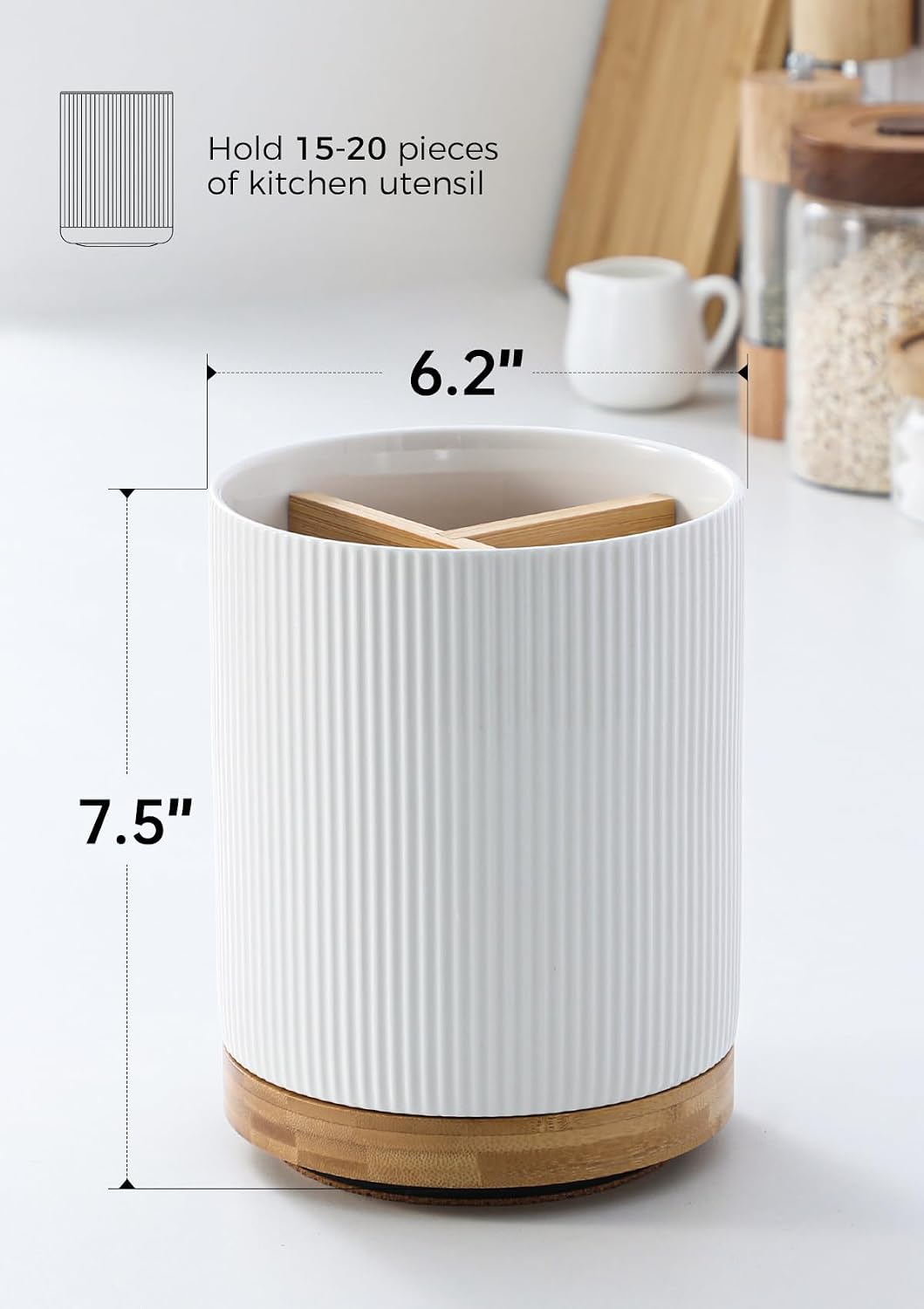 LoeJan 7.5" Utensil Holder, 3 Compartment Ceramic Kitchen Utensil Holder with Cork Bottom, Large Utensil Crock for