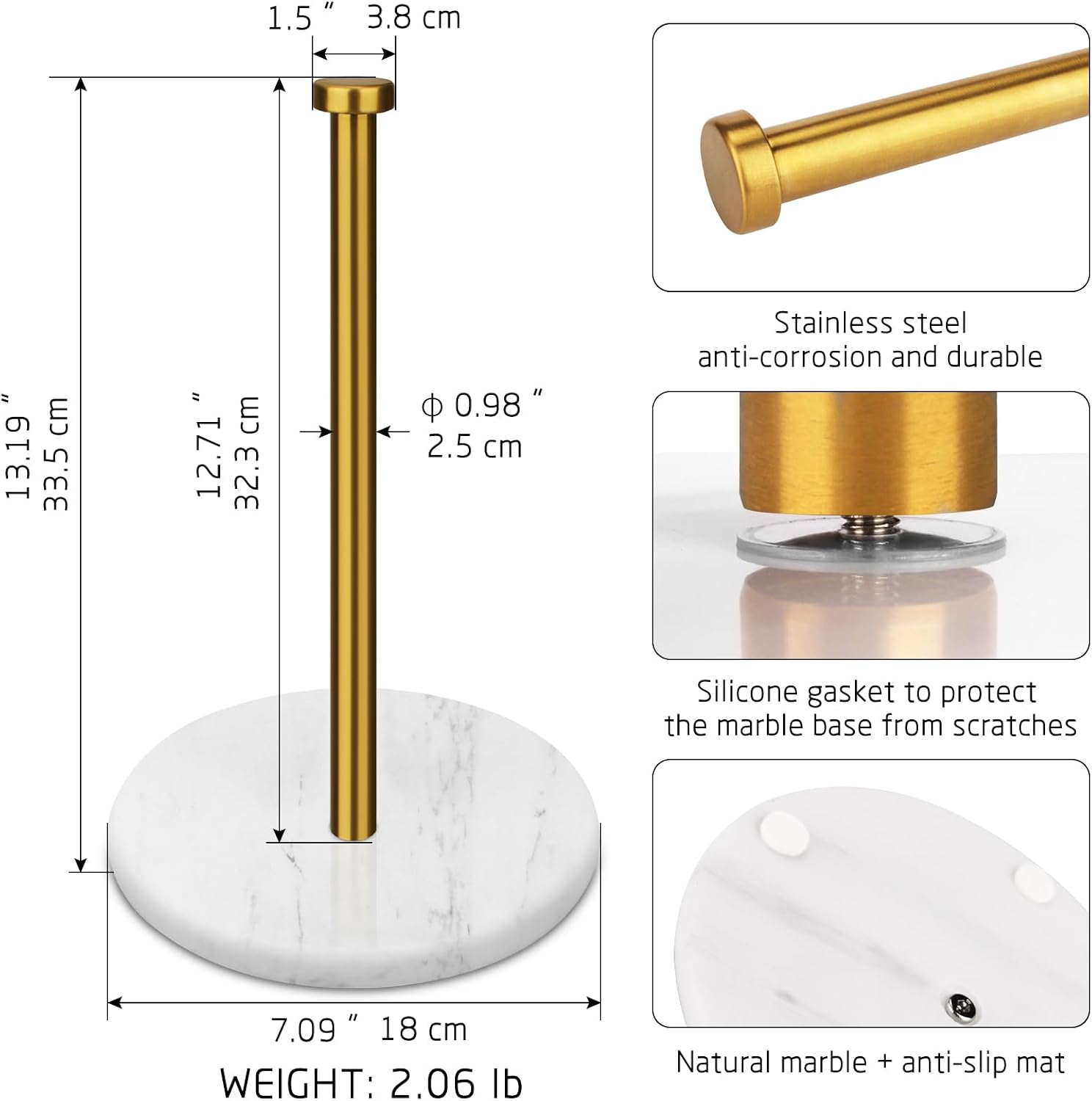 Paper Towel Holder Countertop, Brushed Gold, 7" White Marble Base | Weighted Marble Base, Paper Roll Holder, Modern