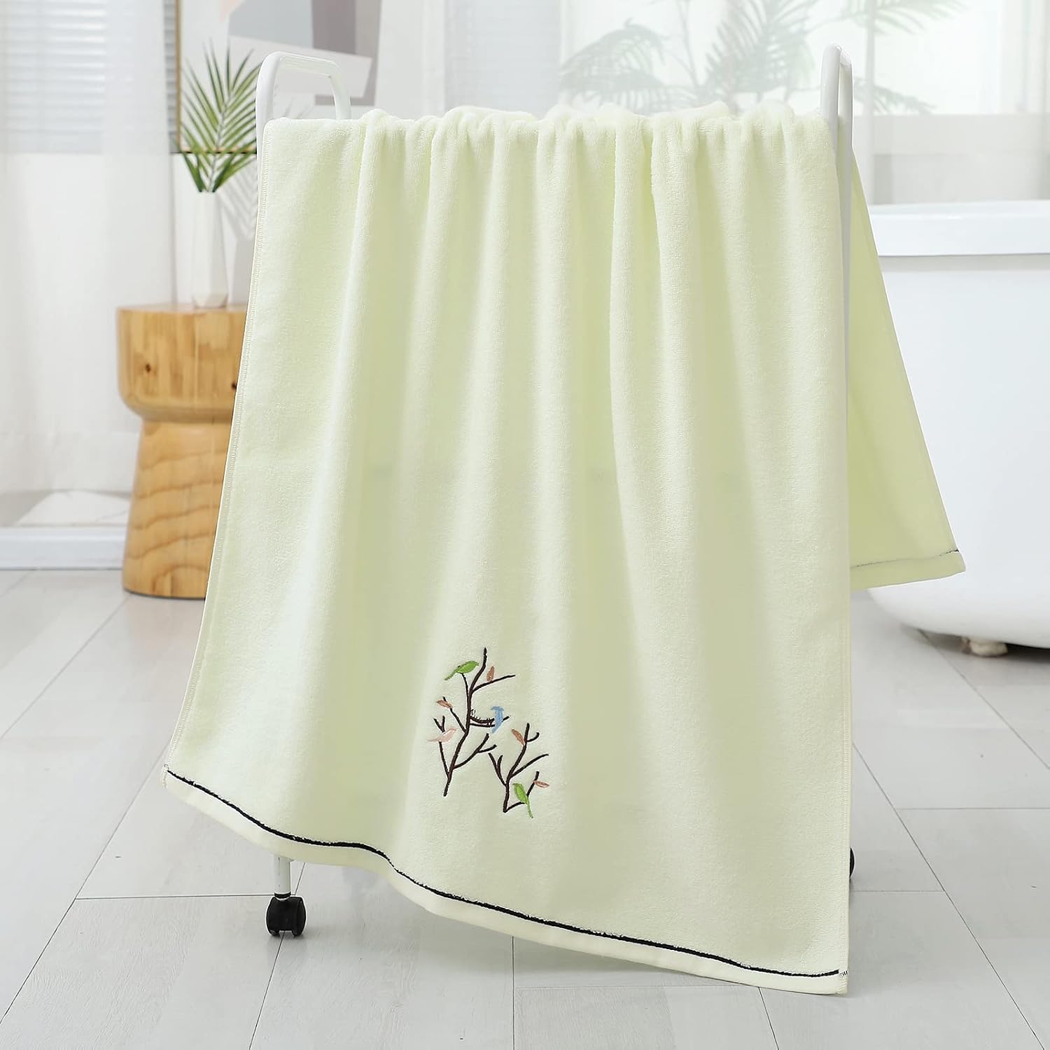 Bath Towel Embroidered Bird Tree Pattern 100% Cotton Soft Absorbent Decorative Towels for Bathroom 27.6 x 55 Inch