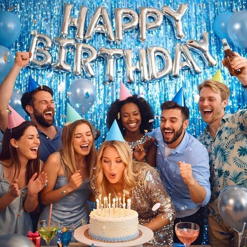 Pool Party Decorations - Blue Tinsel Streamers Backdrop Banner | Summer Party Favors Supplies Indoor Outdoor - Ocean Themed Party Decorations for Beach Sea Water Blue Birthday,2 Pack