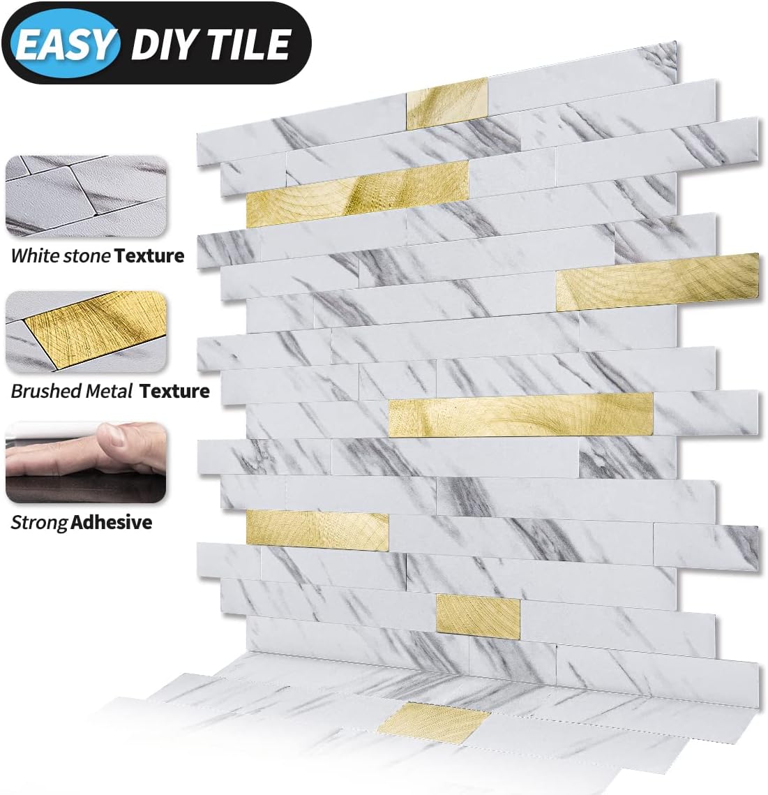 10-Sheet Peel and Stick Backsplash Tile / White Slate with Gold Studded / 13.4 x 11.8 / Set of 10