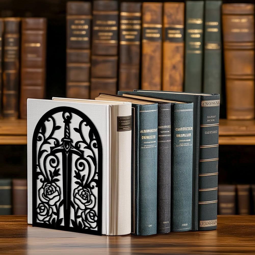 Metal Bookends / Modern Decorative Heavy Duty Study Book Support Stoppers / Sword with Vine and Rose