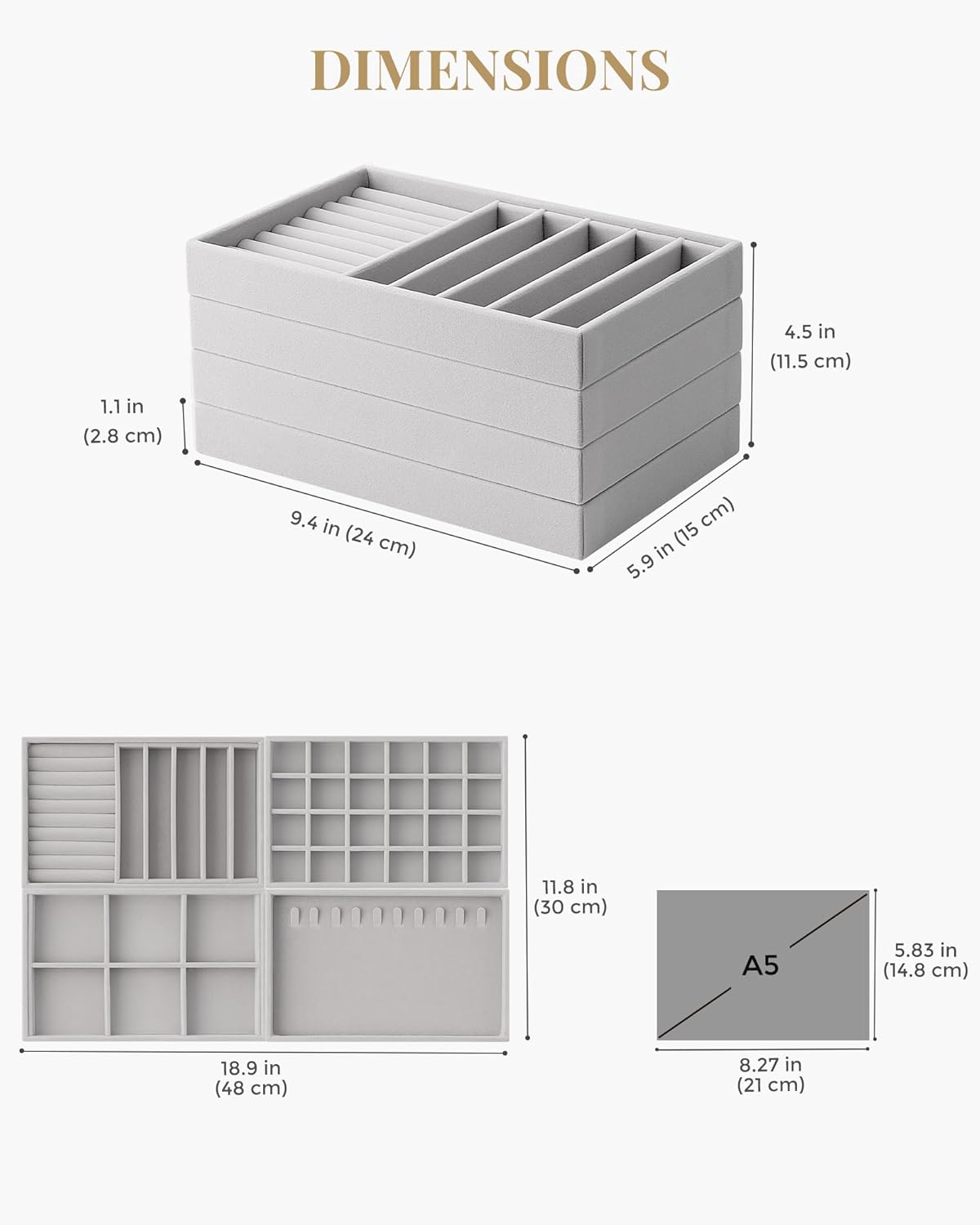 Stackable Velvet Tray Jewelry Storage Organizers Set Display Cases / Grey / A5 Size, 4 Packs
