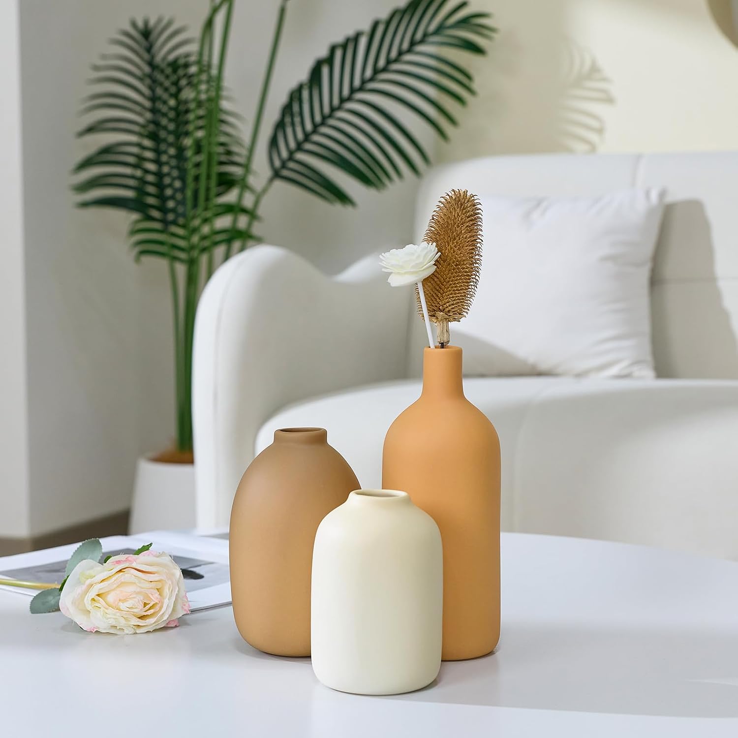 Ceramic Vase / Neutral Modern Vases for Bouquet Pampas Grass Dried Fresh Flowers / Beige / Set of 3