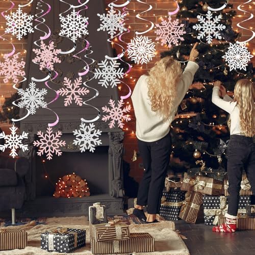 Snowflake Decorations, Christmas Hanging Decor, Pink White Silver, 30-Pc