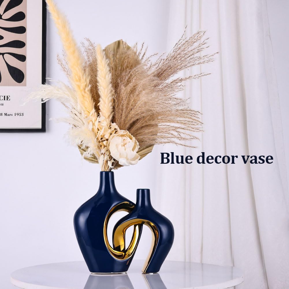 Blue Hollow Ceramic Vases / Blue and Gold / Set of 2