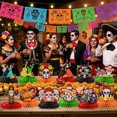 12Pcs Day of the Dead Honeycomb Centerpieces Decorations Dia De Los Muertos Altar Table Decorations Double Side Sugar Skull Table Centerpieces for Mexican Day of The Dead Halloween Party Supplies