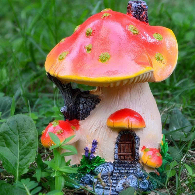 Resin Miniature Mini Mushroom House and Tiny Mushrooms Figurines / Red