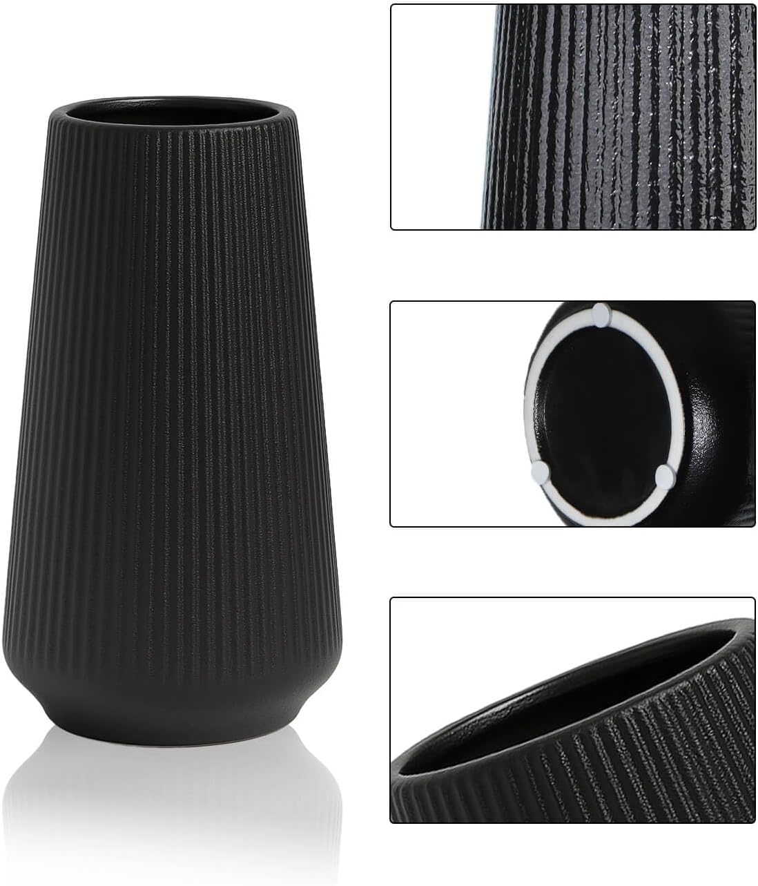 Ceramic Vase / Modern Minimalist Ribbed Decorative Vase / Matte Black01 / Black / 8 Inch