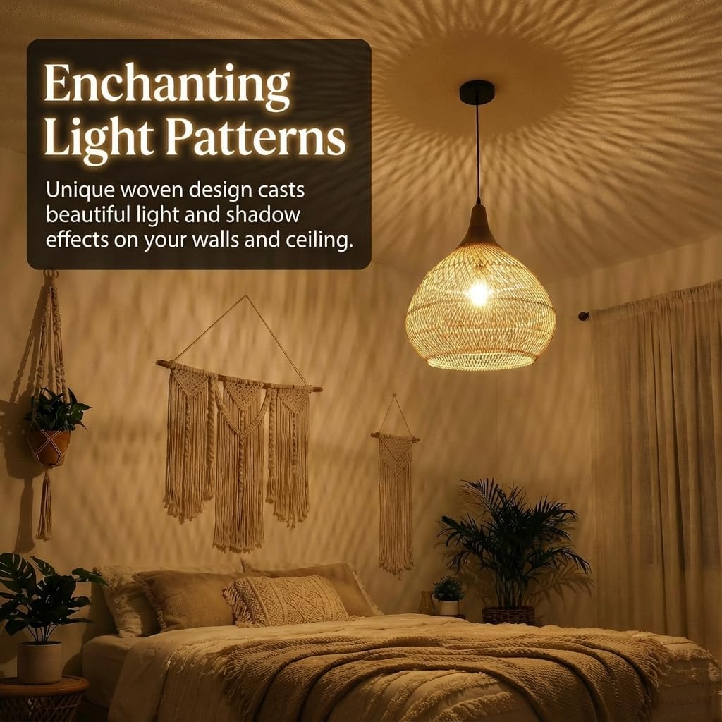 Basket Wicker / Rattan Pendant Light / Wood + Rattan / Raindrop / D 16", Large