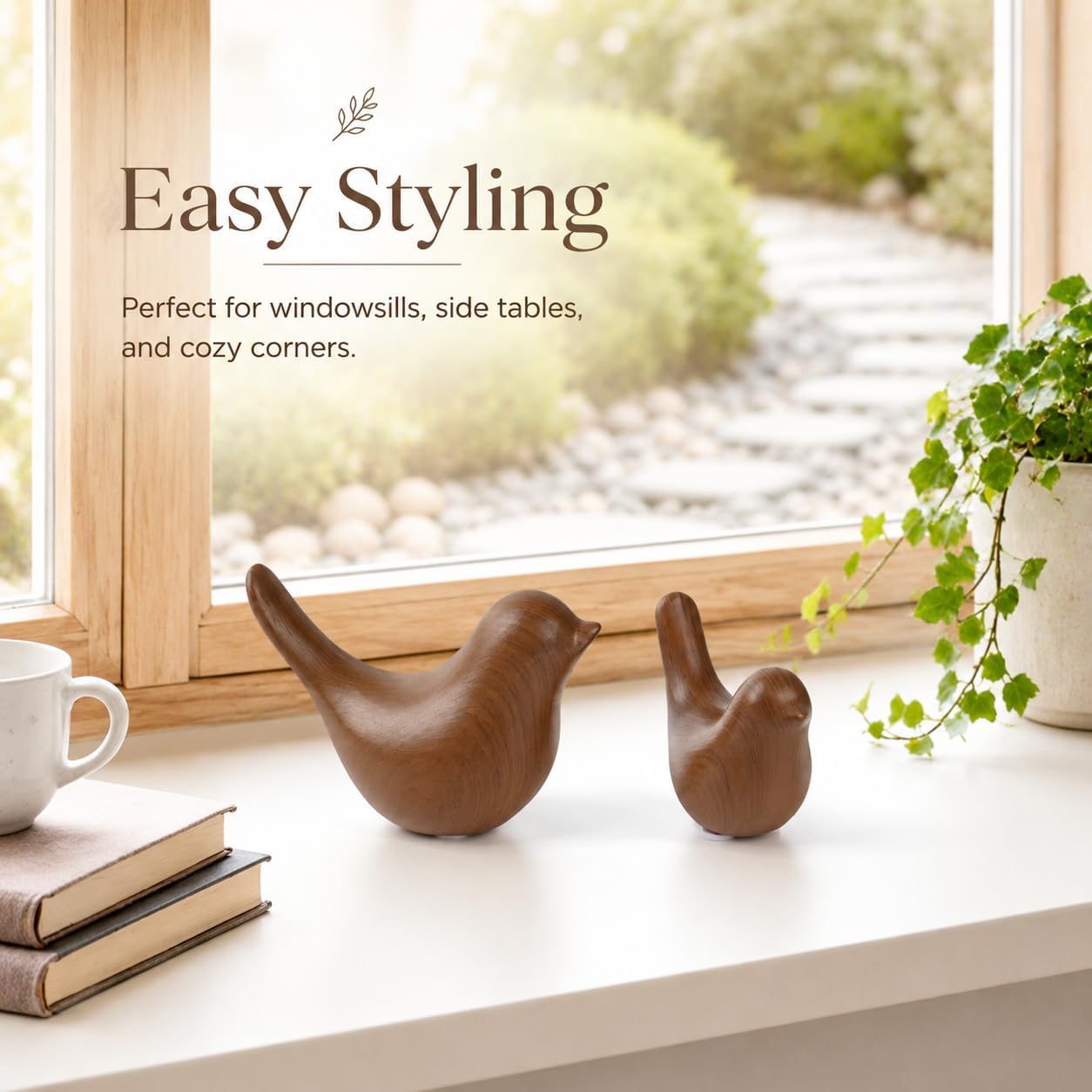 Ceramic Bird Figurines / Dark Wood Grain / Set of 2