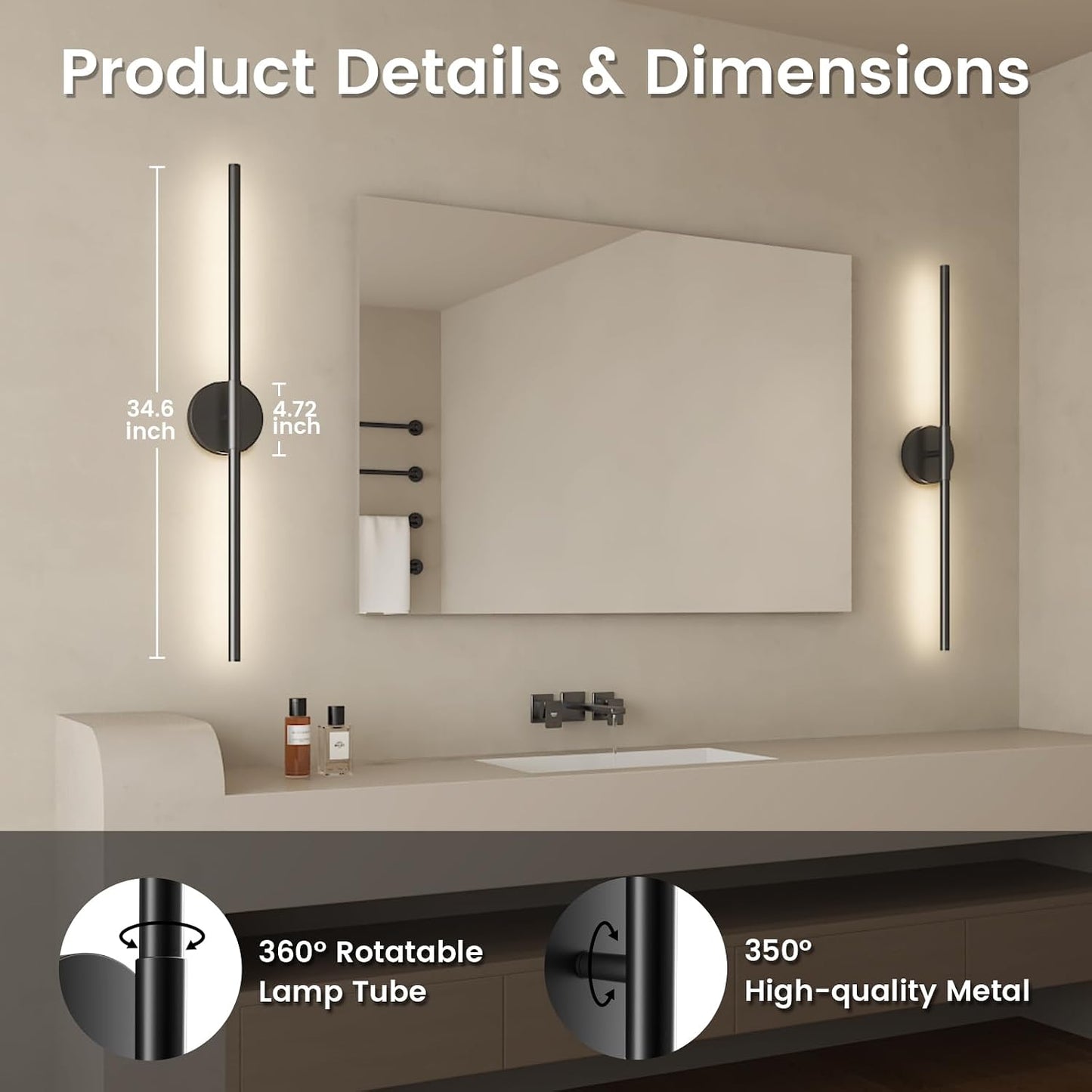 JOFIOS Battery Operated Wall Sconces Set of 2, 34.7In Black Remote Control | 360°Rotation Wireless Rechargeable Wall