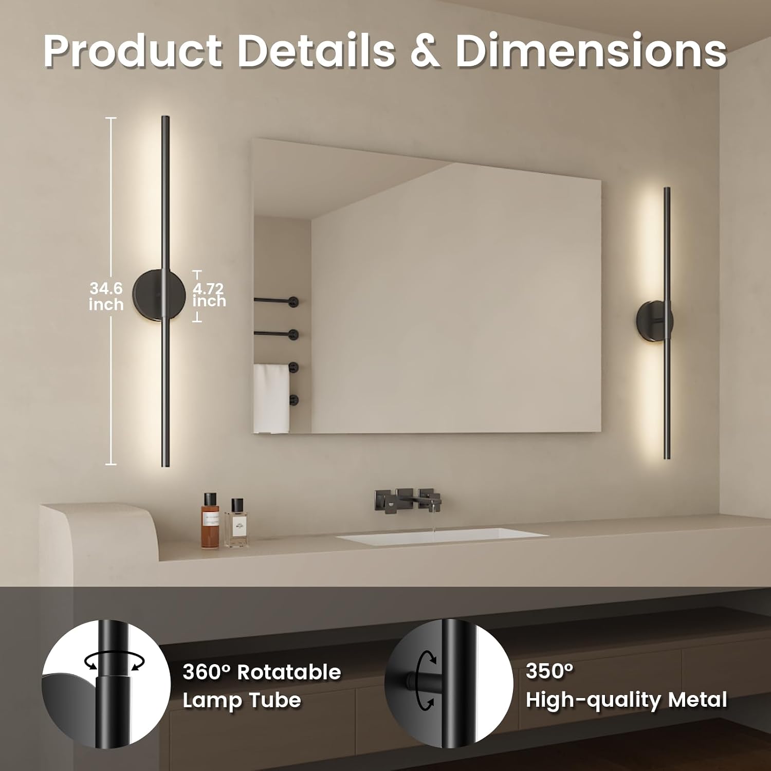 JOFIOS Battery Operated Wall Sconces Set of 2, 34.7In Black Remote Control | 360°Rotation Wireless Rechargeable Wall