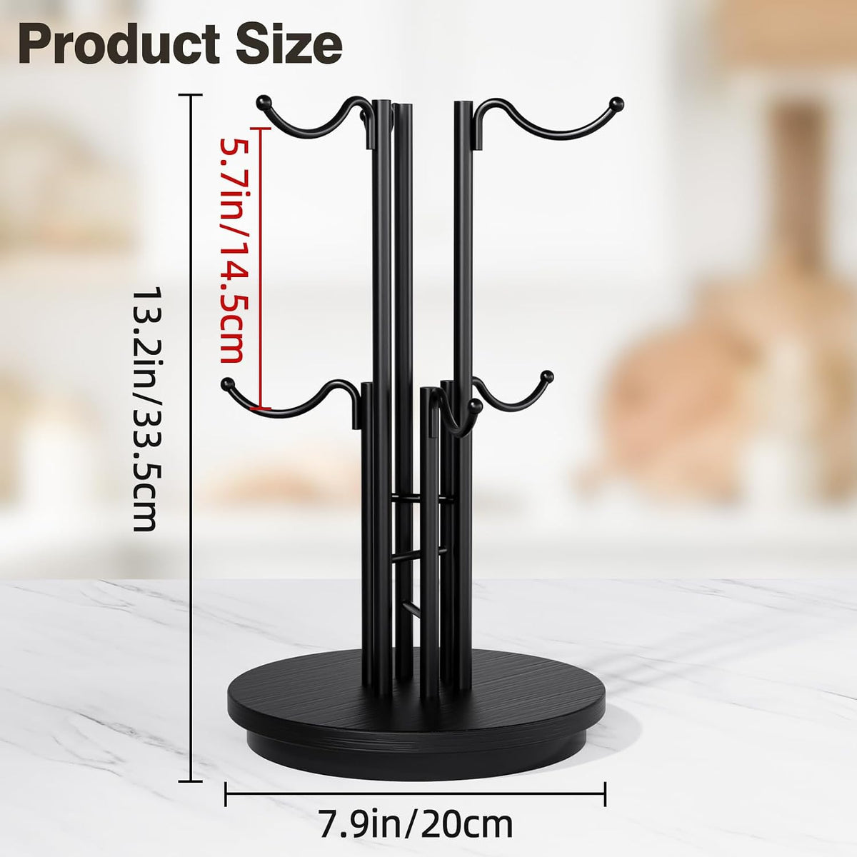 6-Hook 360° Rotating Large Coffee Mug Holder Tree, Wood Base, Black | 360° rotation, 6 mugs (12-16oz), 5.7" spacing
