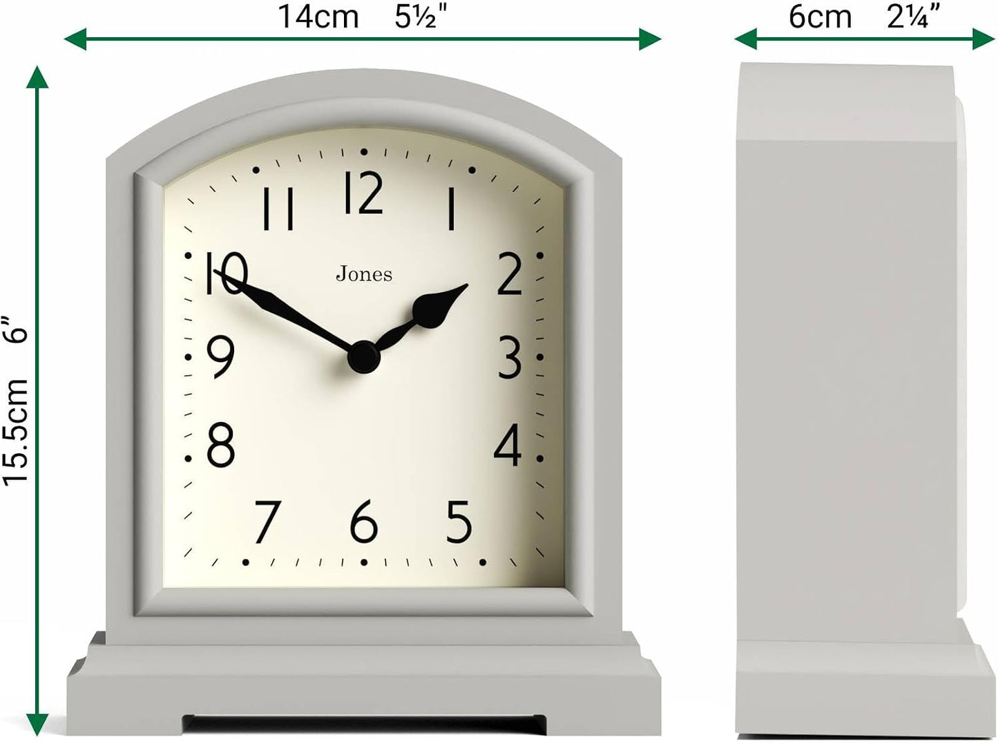 JONES CLOCKS® Tavern Mantel Clock | Modern Arch top Design | Pale Gray | Contemporary Classic Style for Desk, Table