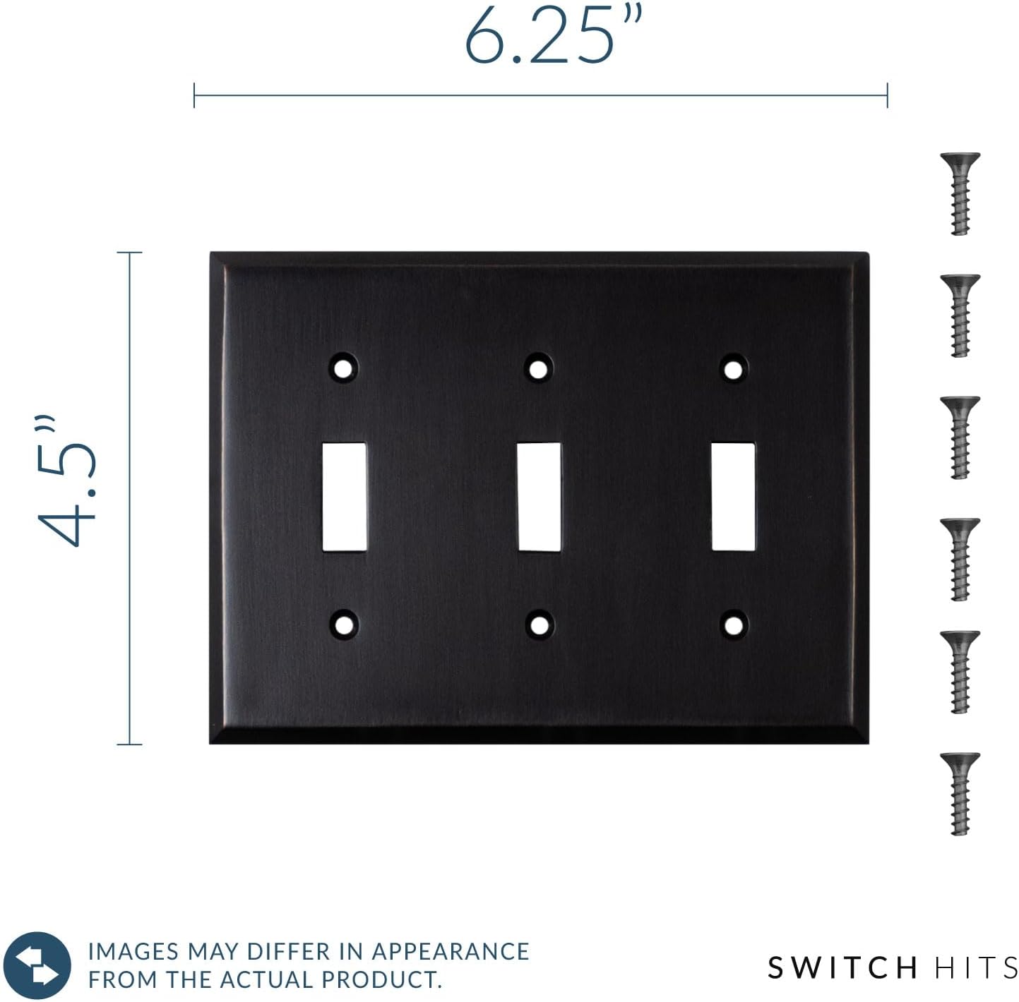 Satin Nickel Black Outlet Wall Plate | 3 Toggle | 6.25" x 4.5" | Hand-Polished Brass Construction | Electrical Switch