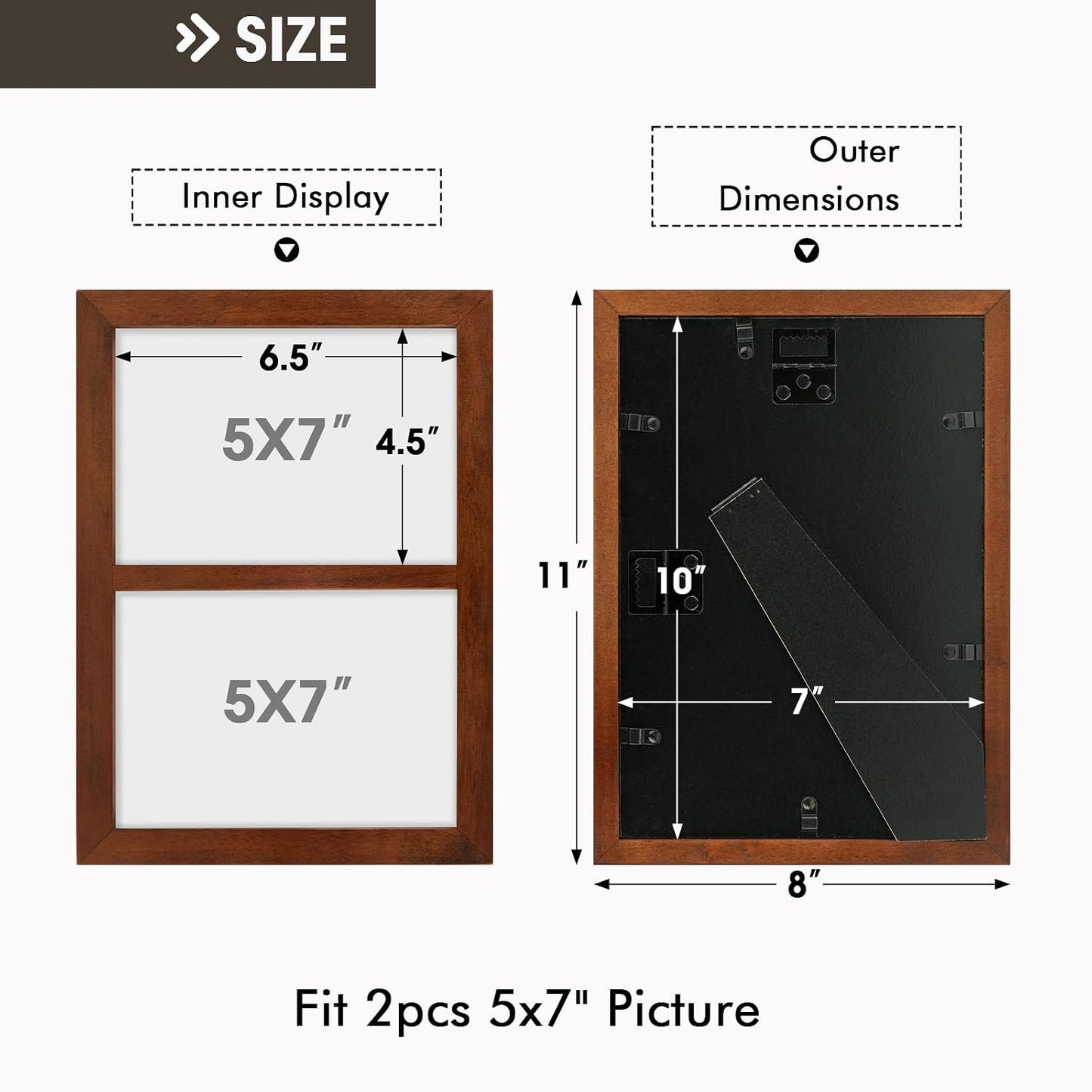 Golden State Art, 5x7 Double Picture Frame, Displays Two 5x7 Photos (Brown) | Solid Wood - Real Glass For Tabletop Or