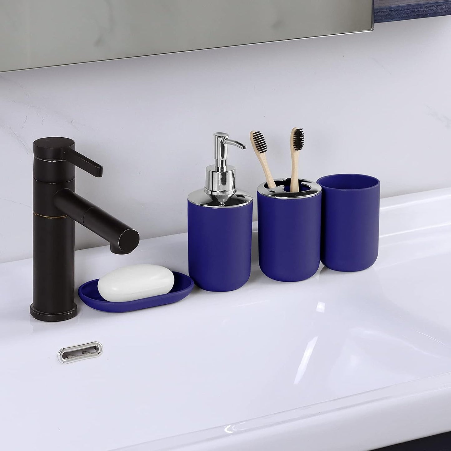 IMAVO Bathroom Accessories Set,Navy Blue Bathroom Set,9 Pieces Bathroom Accessory Set,Tray,Qtip Holders,Toilet