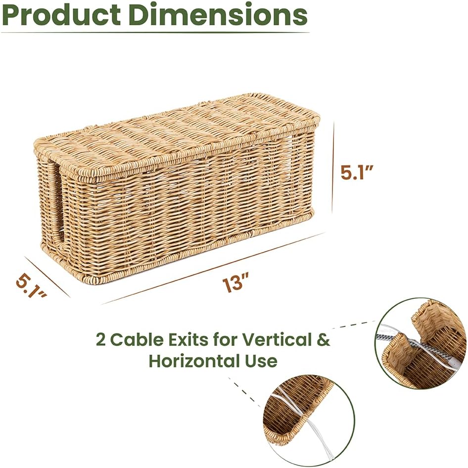 Handmade Rattan Cable Organizer / Natural / Rectangle