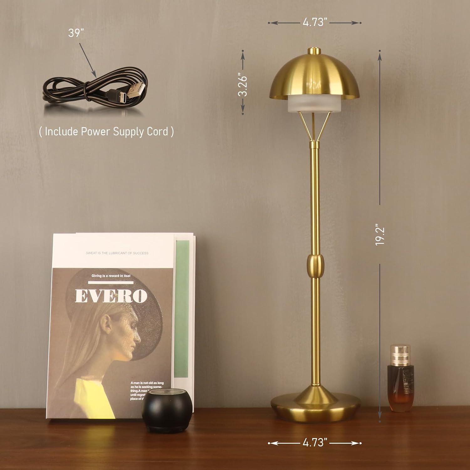 Modern Table Lamp Cordless Portable Desk Lamp, 2700K Stepless Dimming Rechargeable Battery Operated LED Lights for