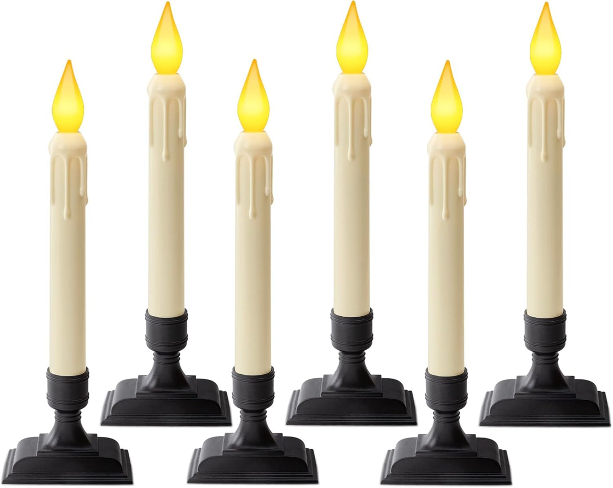 6 Pcs Sensor Dawn to Dusk Window Candles, Flickering Battery Candles for Windows, Ultra Bright Fake Candle Lights with Black Holders, Led Candlesticks for Xmas Home Decor, Warm Yellow Light