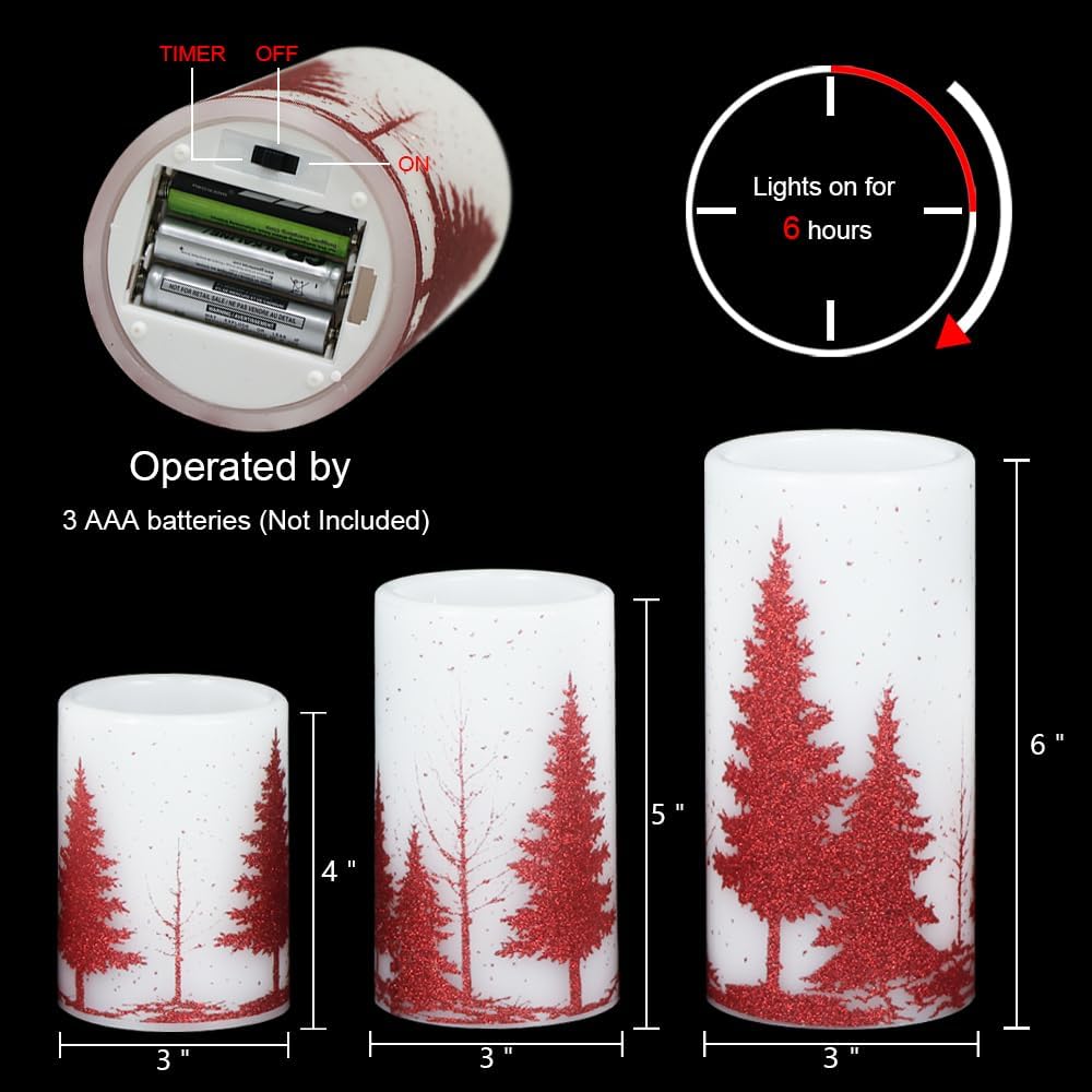 Christmas Tree Flameless Candles Battery Operated with 6H Timer | LED Pillar Candles Flickering, Real Wax Warm Light