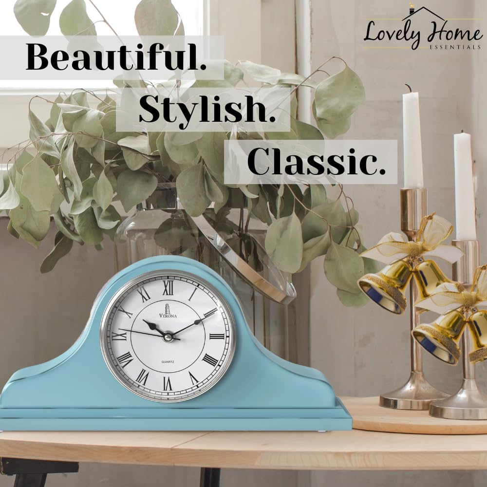 Mantel Clock for Fireplace, Teal Wooden Farmhouse Silent Mantle Clock | Solid Wood Non-Chiming Battery Operated Clock