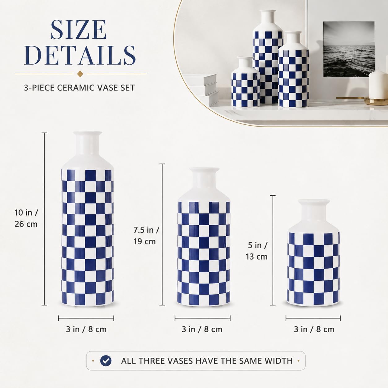 Black and White Ceramic Vase Set 3 / Blue