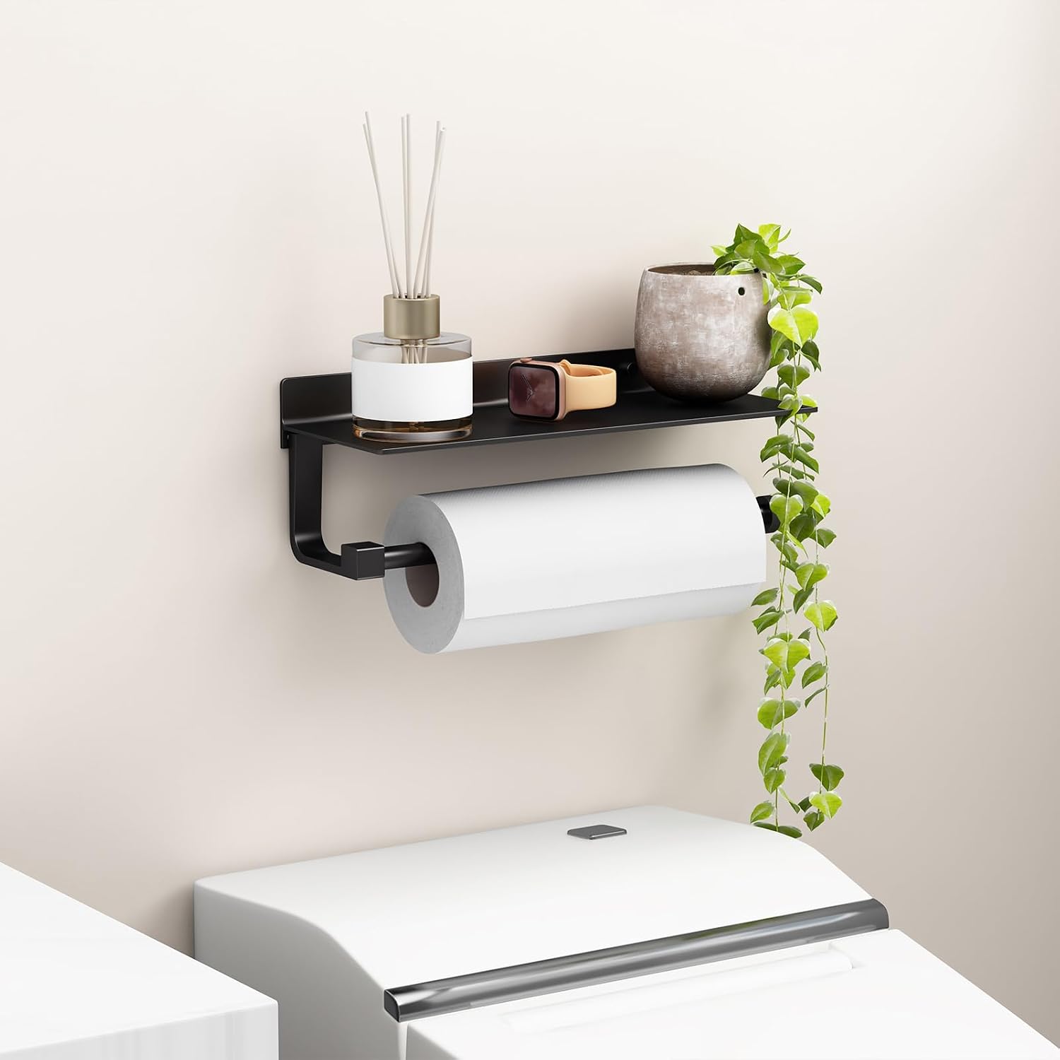 Wall Mount Paper Towel Holder with Shelf for Bathroom/Kitchen, Adhesive Hand Towel Holder, Matte Black