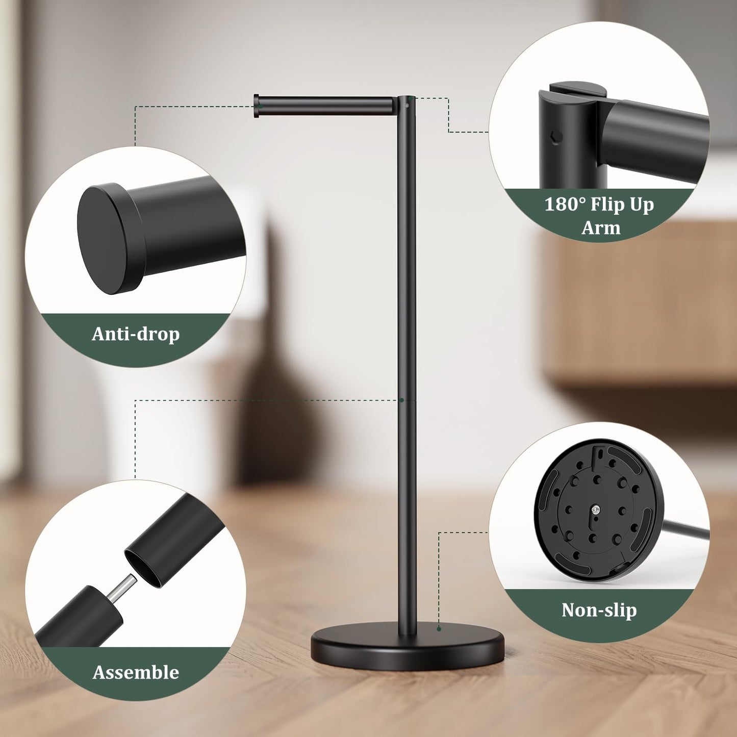 Matte Black Toilet Paper Holder Stand Free Standing Tissue Roll Holder | Freestanding Toilet Paper Stand Storage for