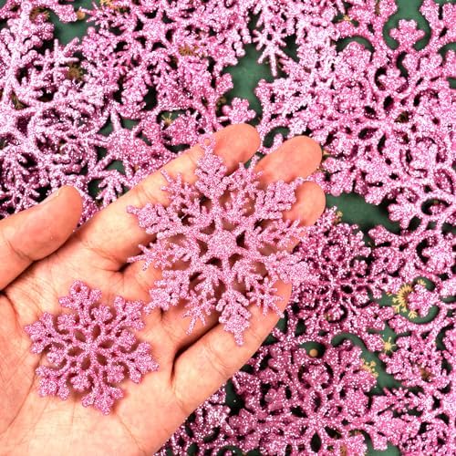 36pcs Christmas Light Pink Snowflake Ornaments Plastic Glitter Snow Flakes Ornaments for Winter Christmas Tree Decorations Size Varies Craft Snowflakes