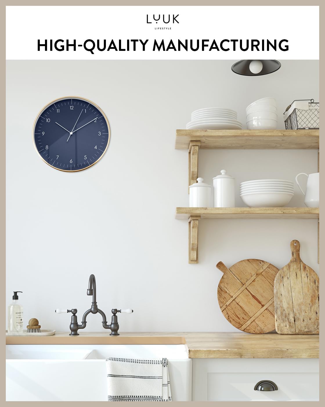 Modern Silent Quartz Wall Clock, 12in, Dark Blue & Gold | Elegant & Simple, Non-ticking, Analog, Easy-to-read display