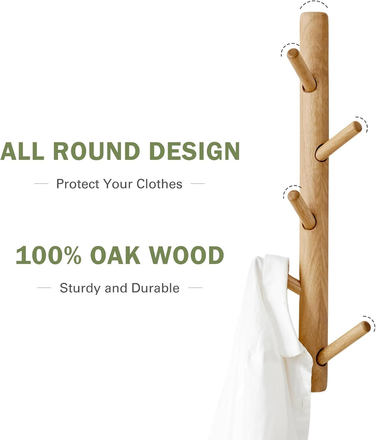 Vertical Coat Rack Wall Mounted - Height 36 Inches, Oak Wood Vertical Hat Rack for Wall with 9 Hooks, Modern Coat Rack