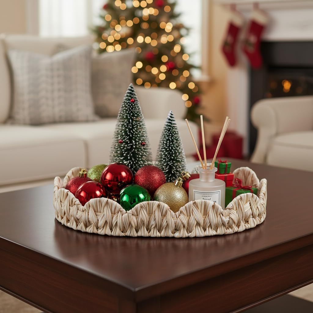 Round Wicker Tray / Milky White / 16.5 Inch