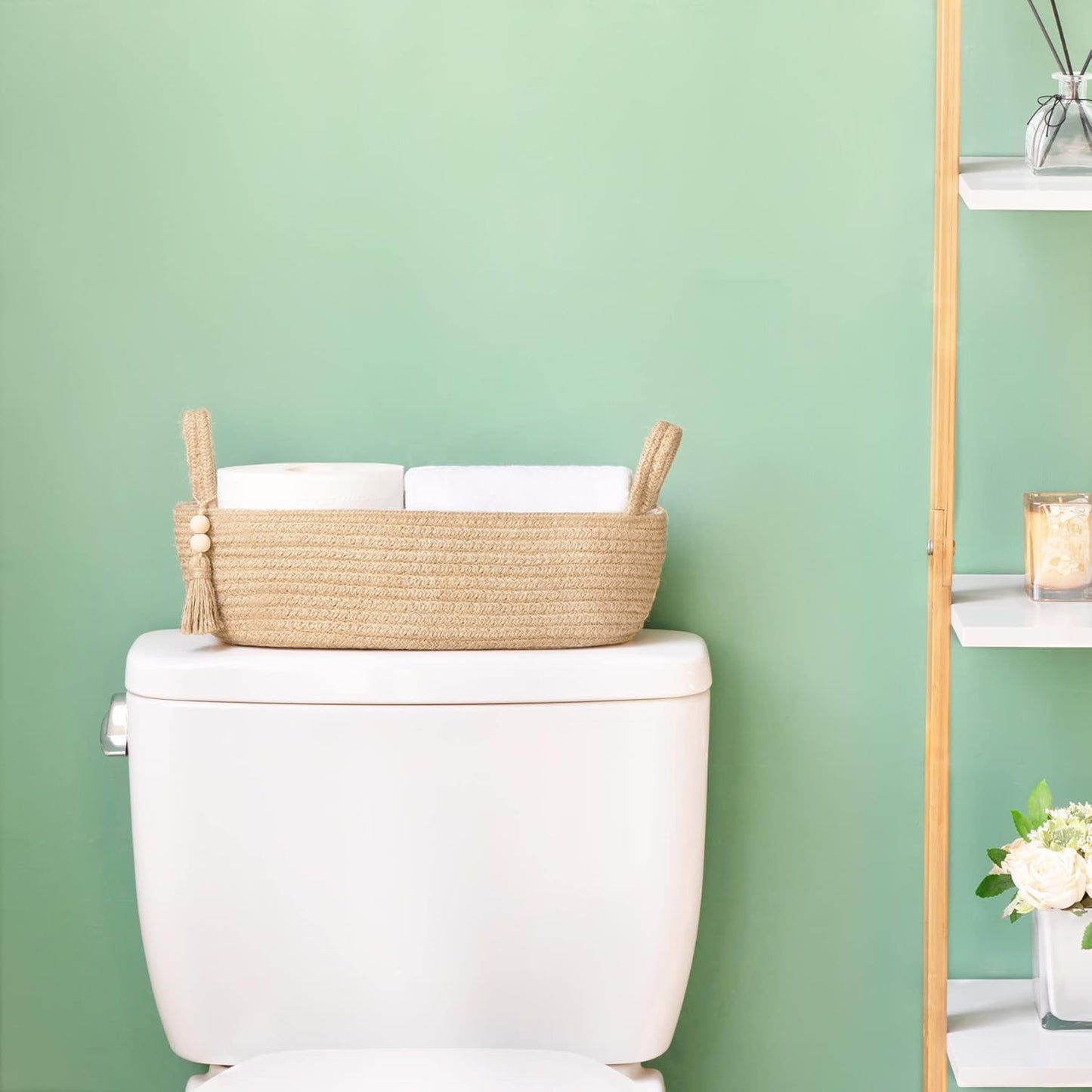Storage Basket for Toilet Tank Top Boho Bathroom Decor Woven Rope Toilet Paper Tray / Brown / Small