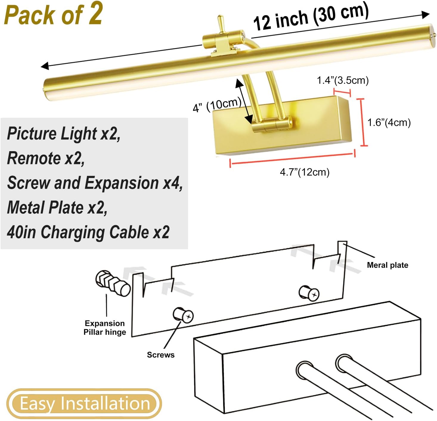 Yuichoy 2 Pack Picture Lights for Wall Battery Operated, 12 inch Wireless Art Lighting for Painting, 6 Colors Picture