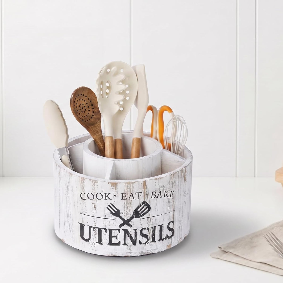 10.2 Inch Extra Large 360° Rotating Utensil Holder | Farmhouse Kitchen 5 Compartments, Lazy Susan Utensil Crock for