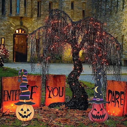 YEAHOME Halloween Decorations Outdoor, 2 Pack Metal Pumpkin Garden Stakes with Witch Hats for Halloween Decor, Jack o' Lantern Pumpkin Yard Signs for Outside Garden Lawn Patio Party Decorations