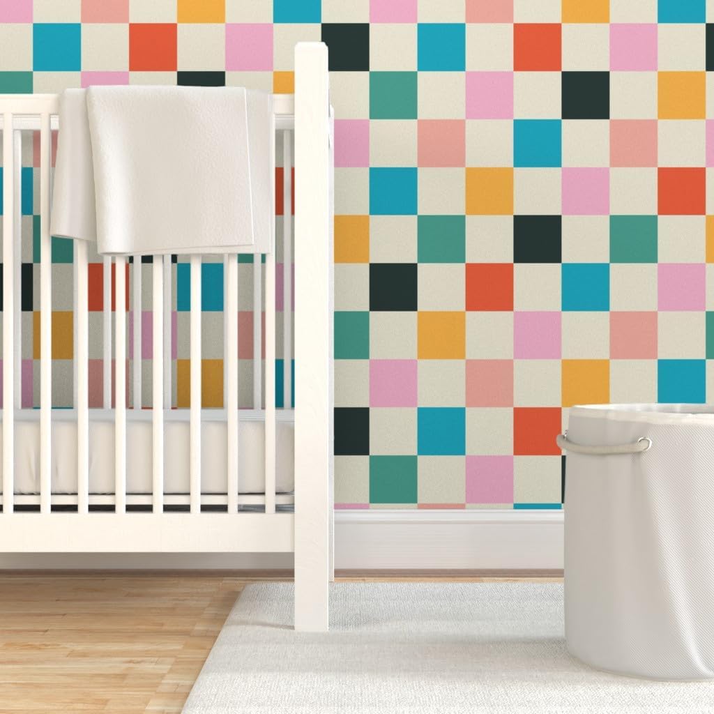 Retro Checkerboard Orange Modern Multicolor Checker Custom Removable / 24 x 144 / Roll / Pink