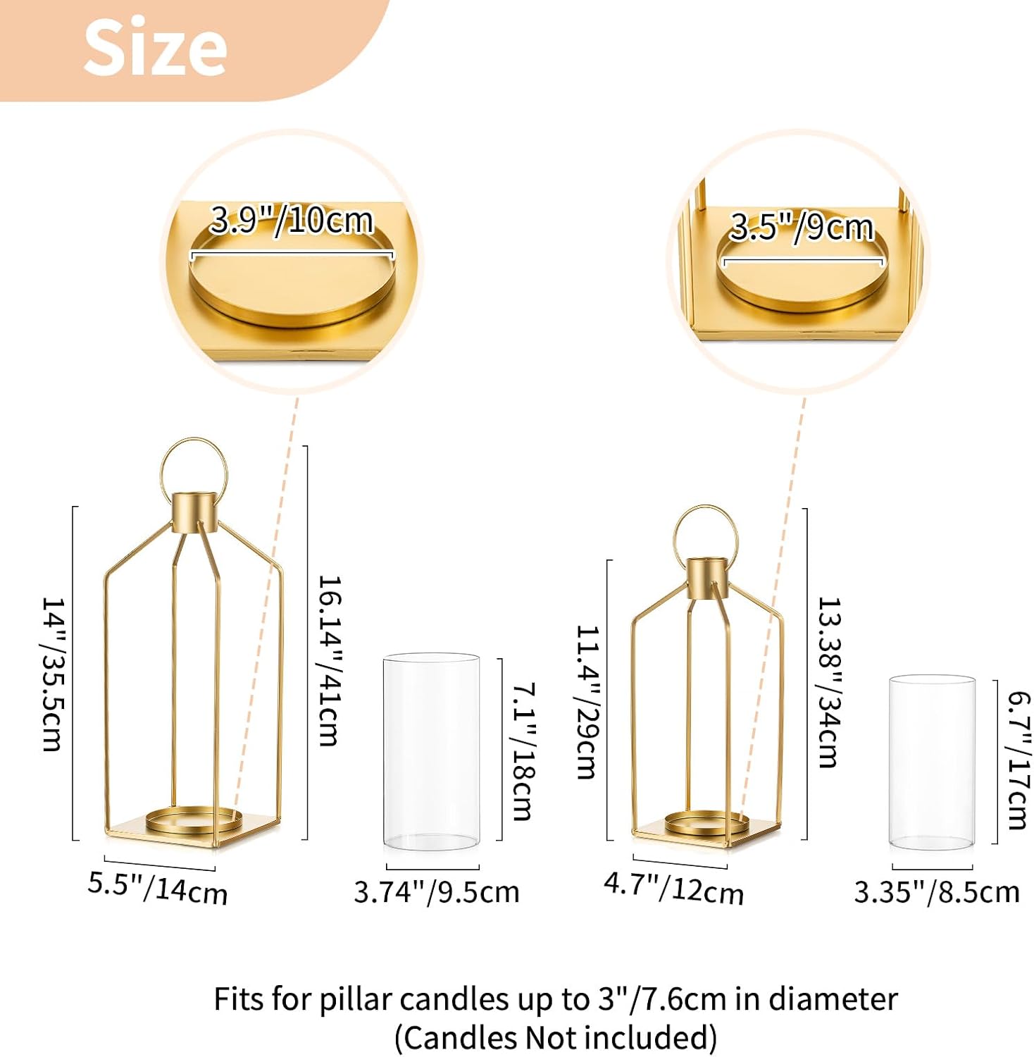NUPTIO Gold Lanterns Decorative Indoor: Hanging Candle Lantern for Pillars | Hurricane Glass Lantern Set of 2for