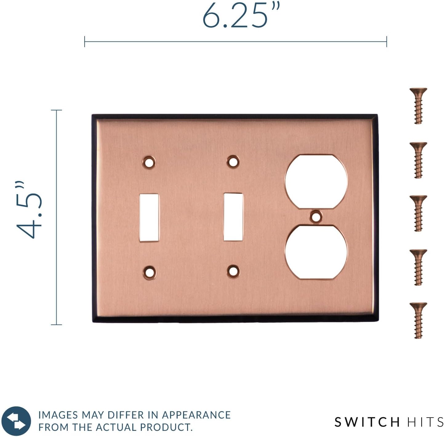 Pink Antique Copper Outlet Wall Plate | 2 Toggle - 1 Duplex | 6.25" x 4.5" | Hand-Polished Brass Construction