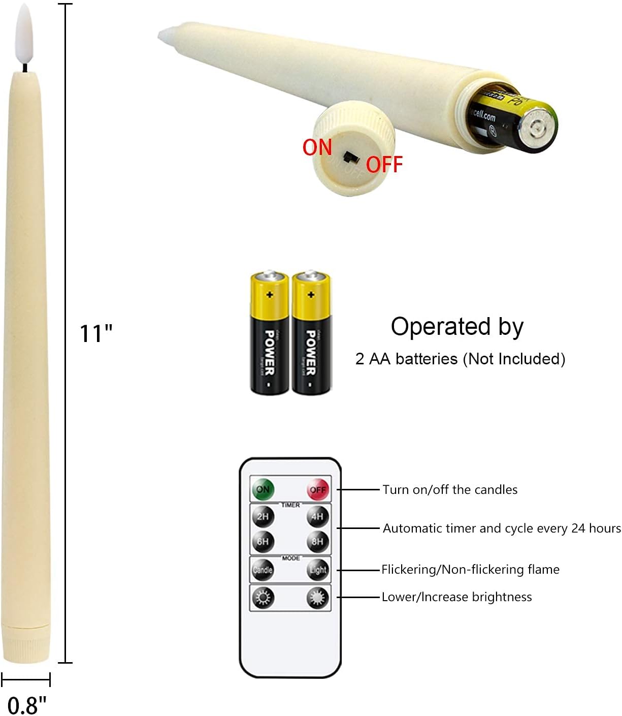 Ivory Flameless Taper Candles Battery Operated Remote Timer 8 Pack | 3D Wick Flickering LED Candlesticks, 400 Hours