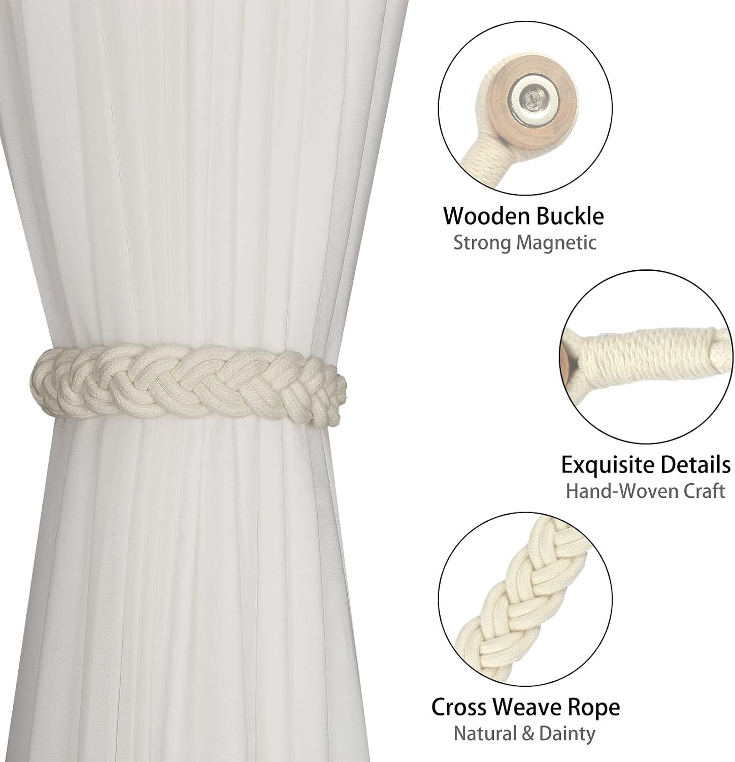 BEL AVENIR Curtain Tiebacks Magnetic 4 Pack Woven Drapery Holdback | Handmade Curtain Ties, No Drill, for Outdoor