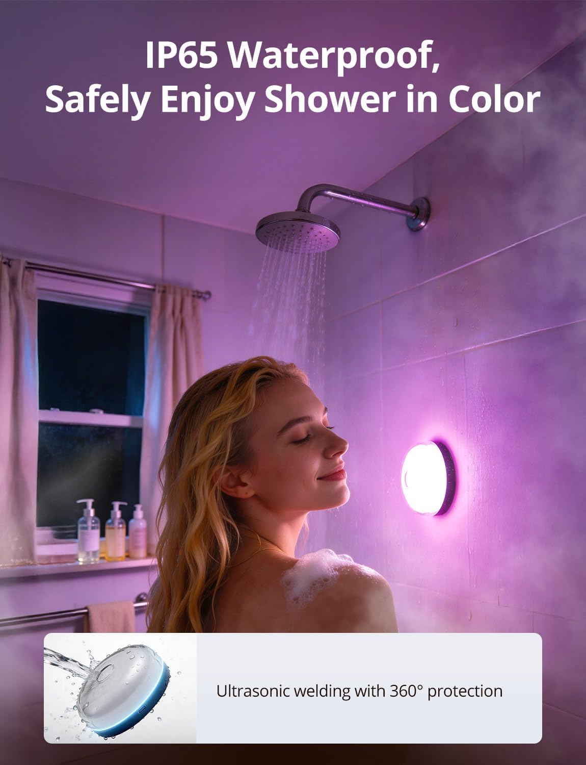 Rechargeable RGB Ambient Shower Light Waterproof Inside, 15 Color Changing Mood Lighting for Bathroom Bathtub IP65